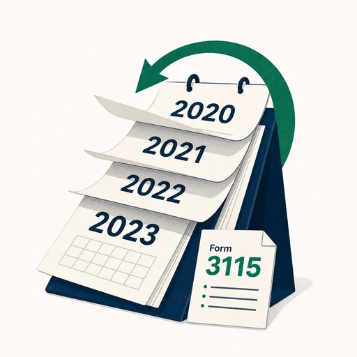 The Lookback Investor — illustration of a stack of past calendar years with a recovery arrow and a Form 3115 document