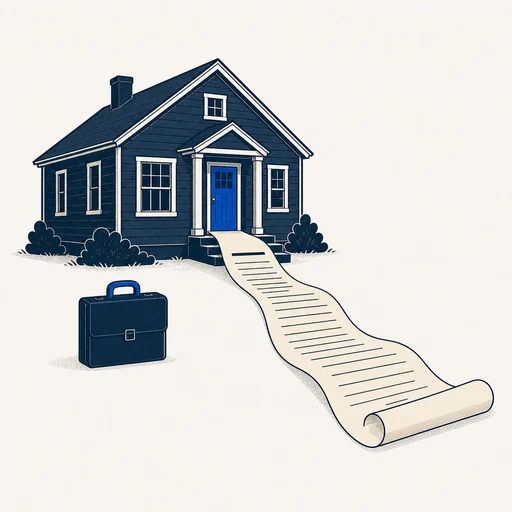 The Long-Term Rental W-2 — illustration of a rental house with a long lease scrolling out and a briefcase symbolizing a W-2 day job